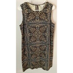 J. Jill Women’s Medium Brown Sleeveless Midi Shift Dress Scoop Neck Patterned